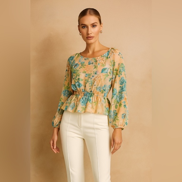 Sis Sis Tops - 🛍️SALE🛍️ Sis Sis Sheer Long Sleeve Floral Peplum Waist Blouse